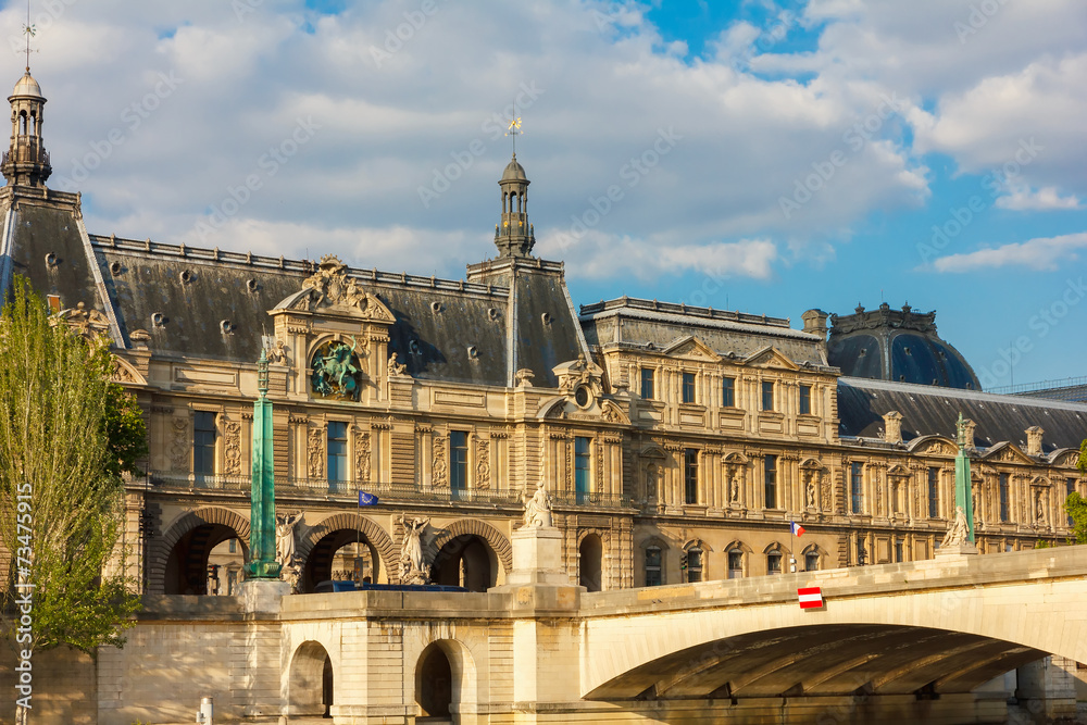 Fototapeta premium View from the River Seine to Paris, palace and embankment, Franc