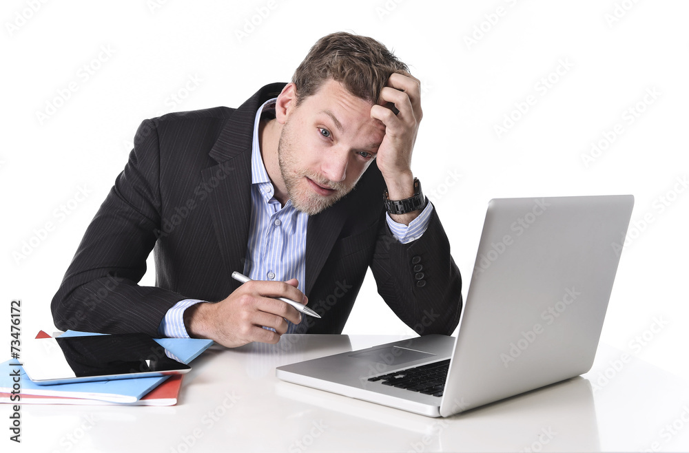 businessman working in stress at computer suffering headache businessman working in stress at computer suffering headache