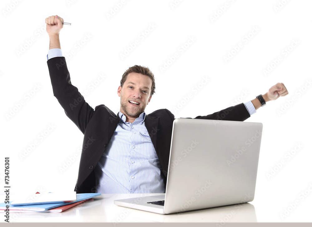 businessman happy at office work celebrating promotion businessman happy at office work celebrating promotion