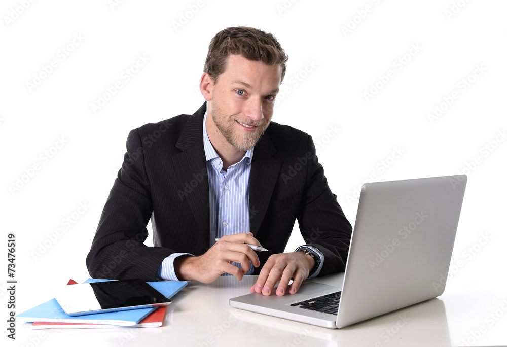 handsome businessman working happy at computer satisfied handsome businessman working happy at computer satisfied
