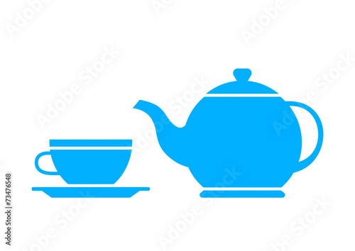 Blue teapot and teacup on white background