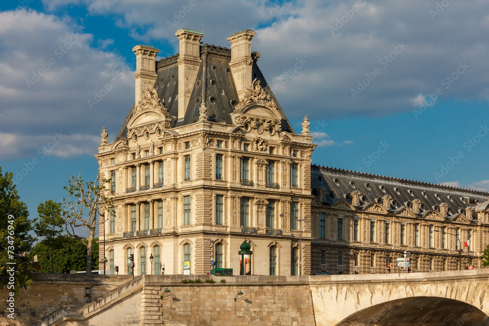 View from the River Seine to Paris, palace and embankment, Franc