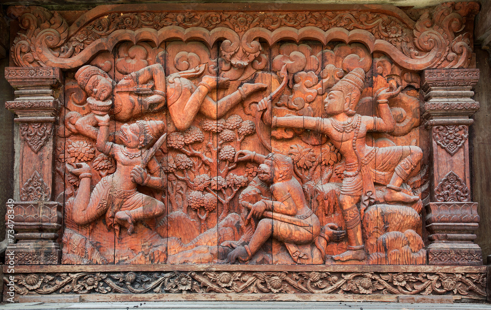 Ancient wood carving of ramayana