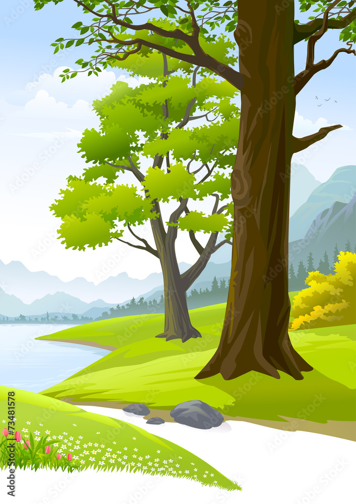 Naklejka premium Serene peaceful trees next to a calm lake