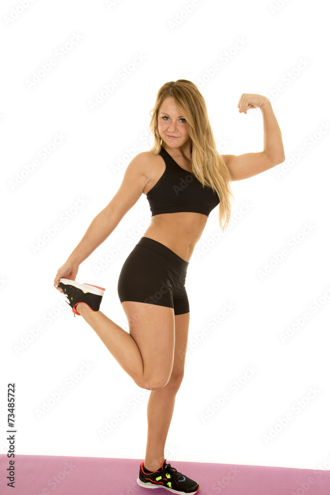 woman fitness black bra and shorts one leg up flex woman fitness black bra and shorts one leg up flex