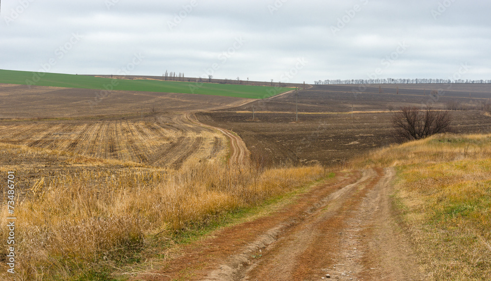 Autumnal landscape with agricultural fields in central Ukraine