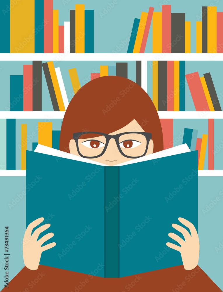 Girl reading a book in a library. Flat vector. Girl reading a book in a library. Flat vector.