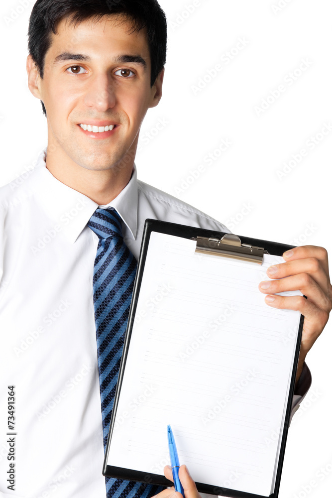 Businessman showing clipboard, isolated Businessman showing clipboard, isolated
