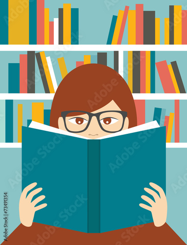 Girl reading a book in a library. Flat vector.