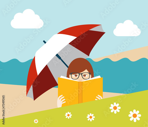 Girl reading a book on the beach. Flat vector.