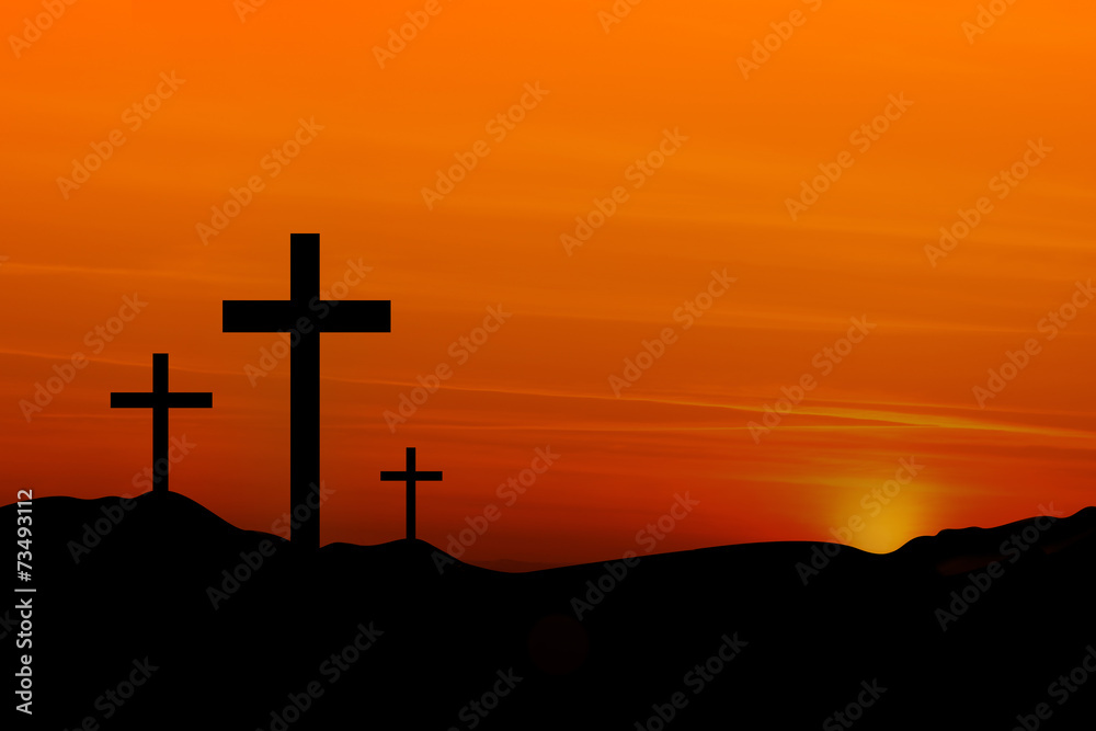 Crosses on a Hill Against an Orange Sunset