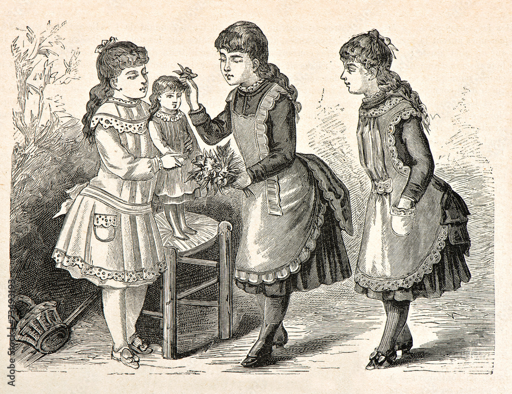 three little girls playing with a doll. vintage engraved illustr