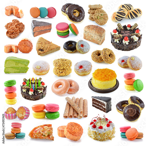 dessert, bread, cake, donuts, breadsausages isolated on white b