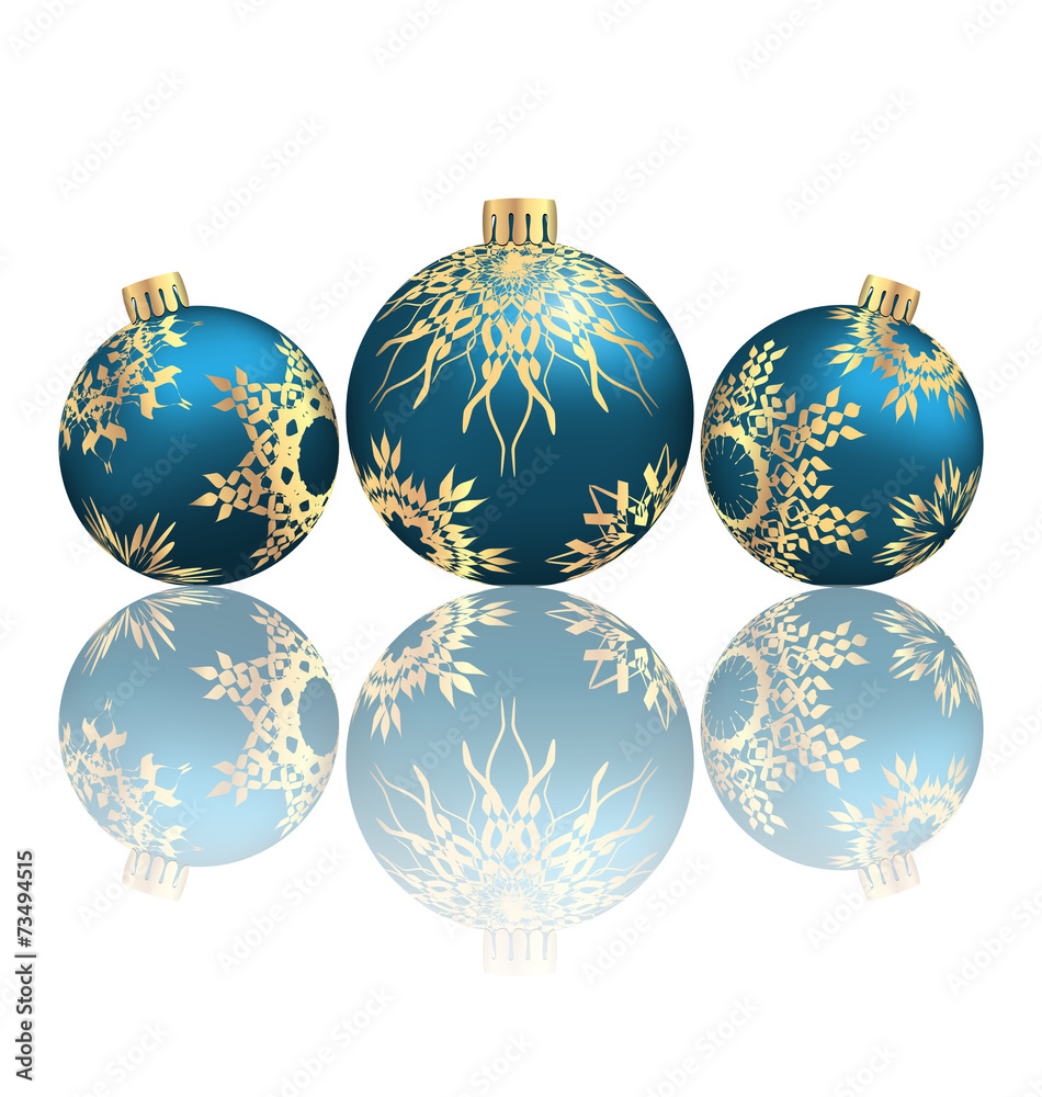 Three blue Christmas balls with ornament and reflection on grays Three blue Christmas balls with ornament and reflection on grays
