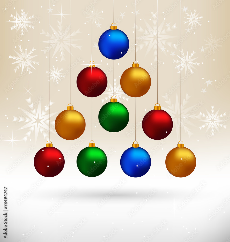 Ten multicolored Christmas balls hanging like fir tree on beige