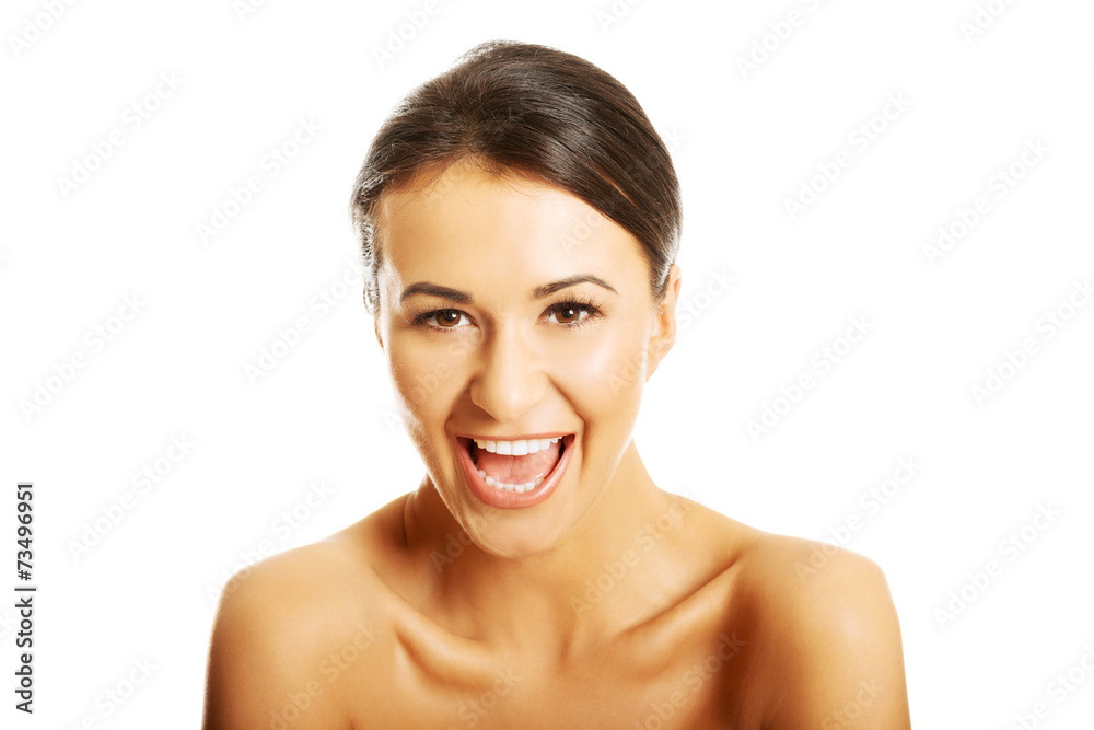 Portrait of nude woman laughing loud Portrait of nude woman laughing loud