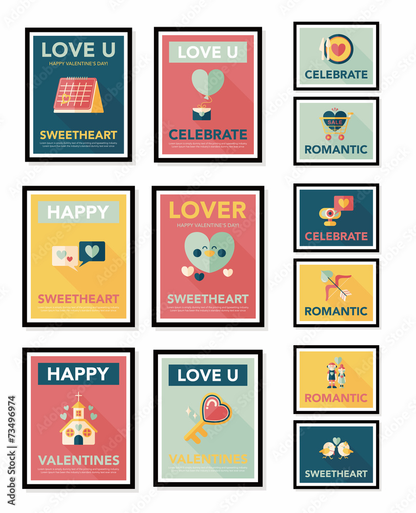 Valentine’s Day poster flat banner design flat background set, Valentine’s Day poster flat banner design flat background set,