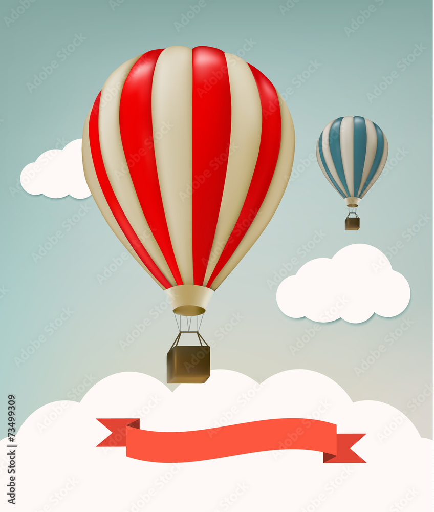 Obraz premium Retro background with colorful air balloons and clouds. Vector.