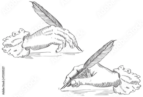 Vector of hand Holding a feather pen at retro engraving style.
