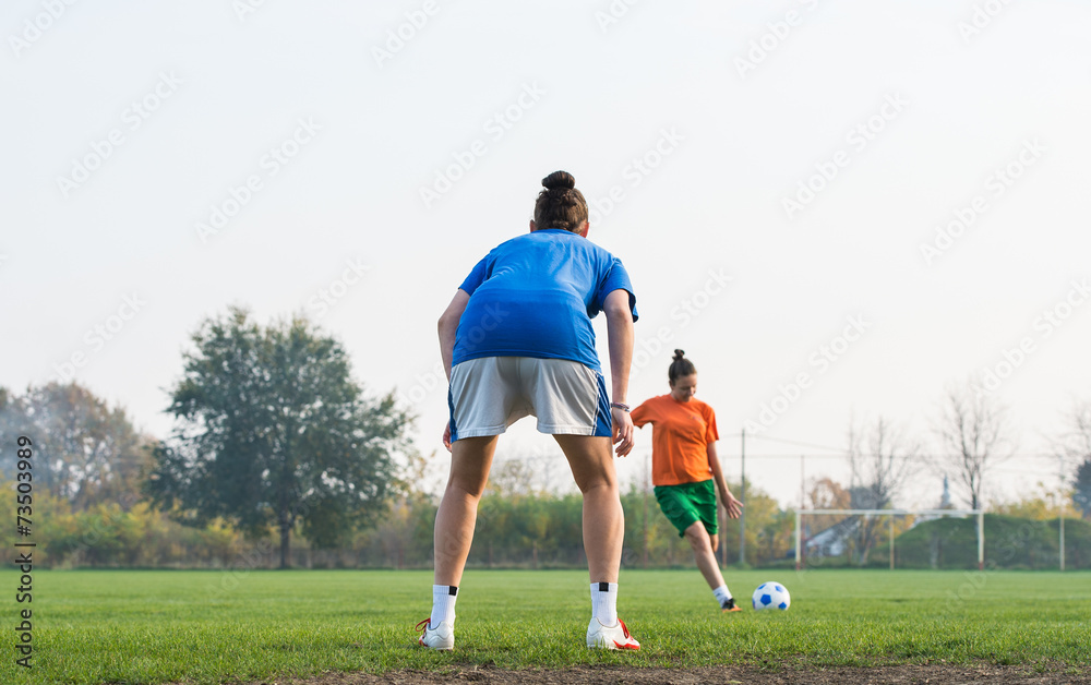 Girl kicking soccer ball toward goal