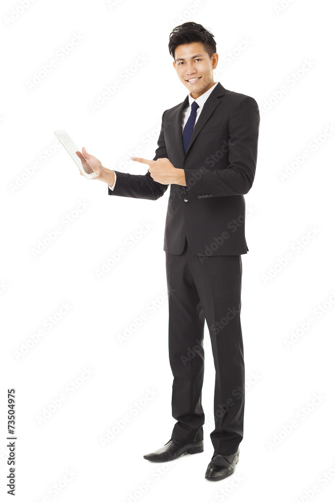 young smiling business man showing tablet pc young smiling business man showing tablet pc