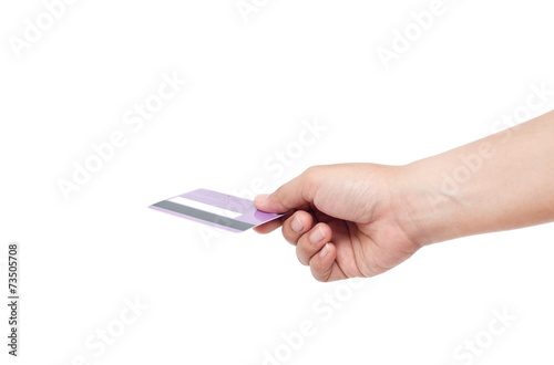 Hand holding credit card isolated on white background