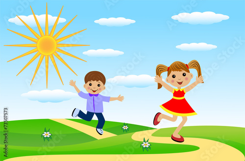 merry girl and boy hurry on a path
