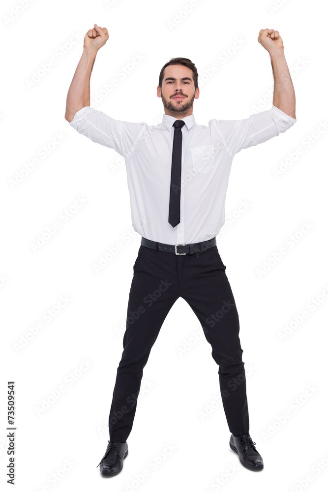 Smiling businessman lifting up something heavy Smiling businessman lifting up something heavy