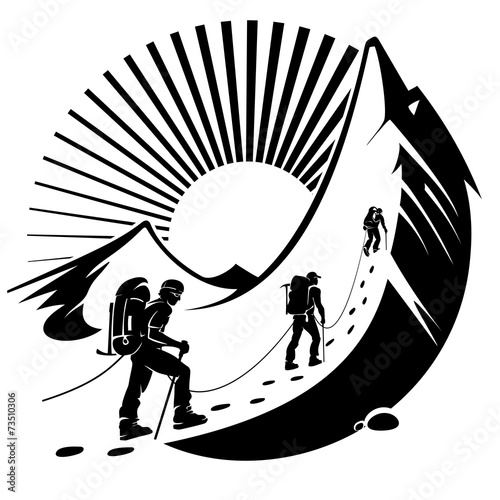 Climbing a mountain. Vector illustration in the engraving style