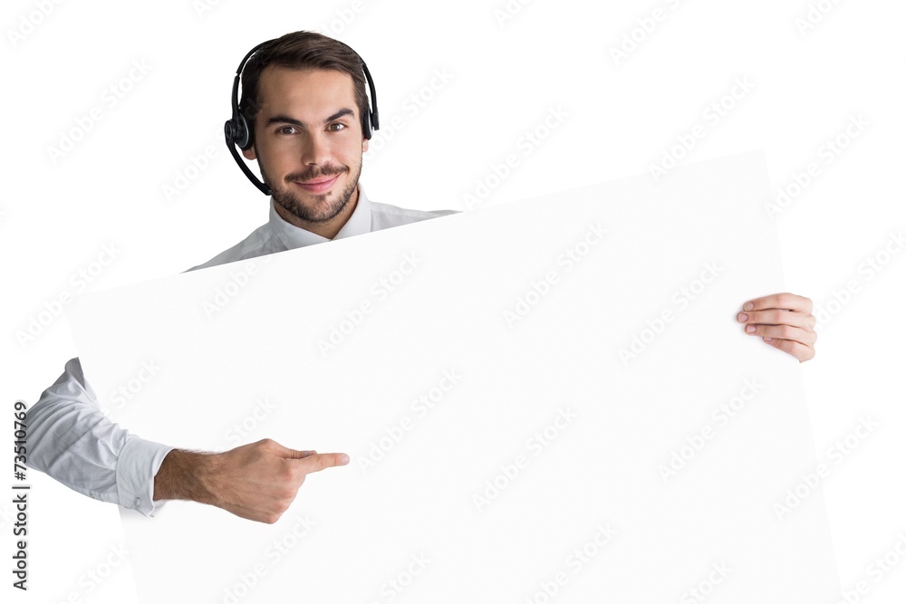 Businessman with headphone showing sign to camera Businessman with headphone showing sign to camera