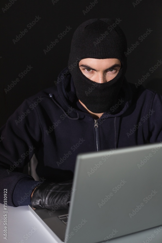 Burglar sitting hacking laptop while looking at camera Burglar sitting hacking laptop while looking at camera