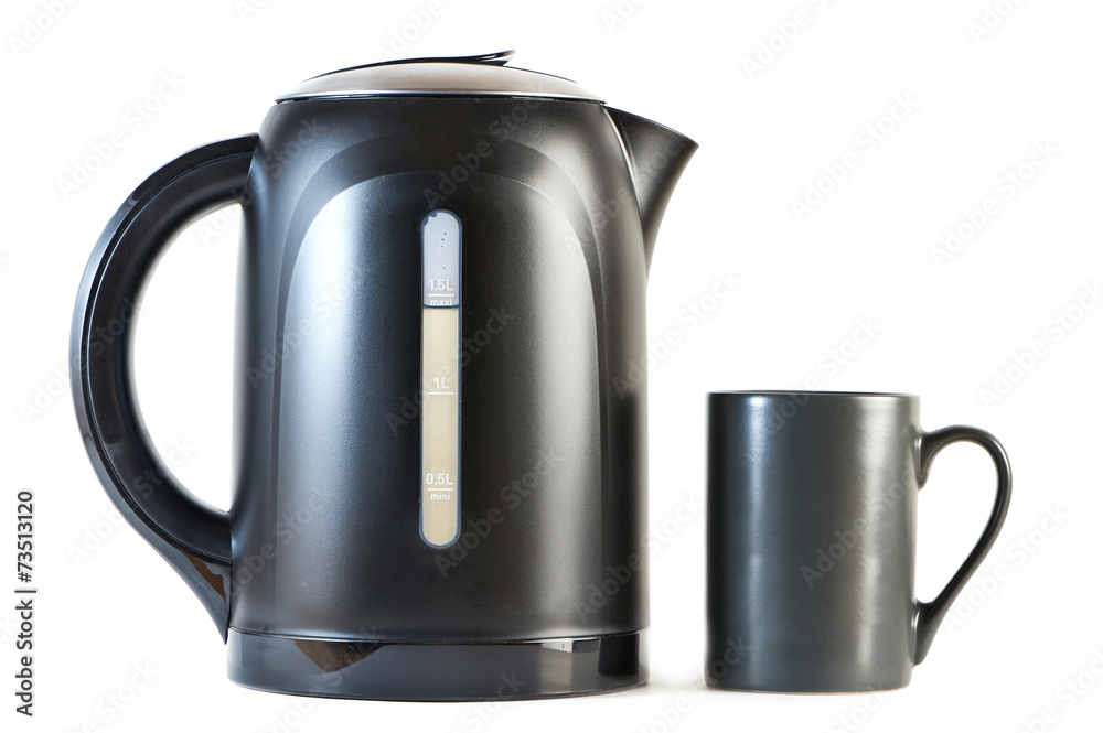 Modern kettle and cup isolated on white Modern kettle and cup isolated on white