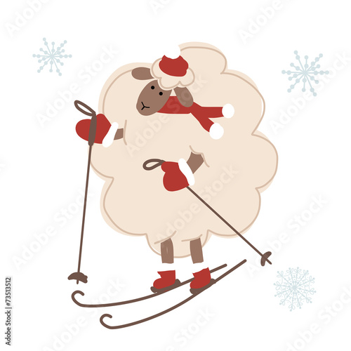 Sheep santa skiing, symbol of new year 2015