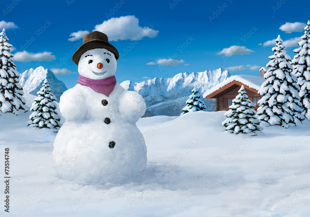 Obraz premium großer Schneemann in den Bergen