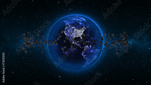 Earth in universe  space  galaxy with asteroids or meteors