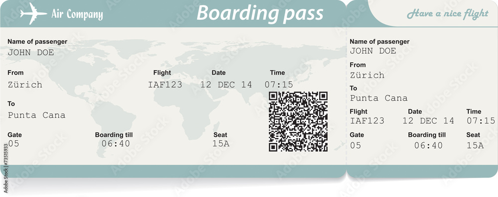Vector image of airline boarding pass ticket with QR2 code - obrazy, fototapety, plakaty 