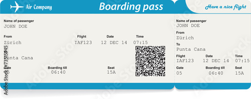 Vector image of airline boarding pass ticket with QR2 code