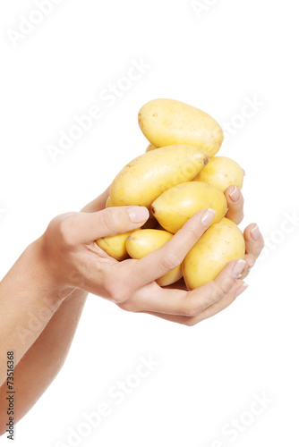 Close up on female hand holding potatoes