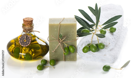 Soap and green olives. Spa elements.