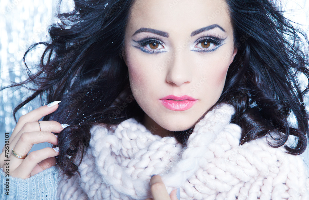Woman covered with snow flakes.Christmas winter beauty concept Woman covered with snow flakes.Christmas winter beauty concept