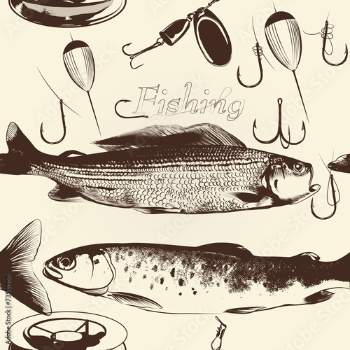 Canvas Print Seamless wallpaper pattern with hand drawn fish
