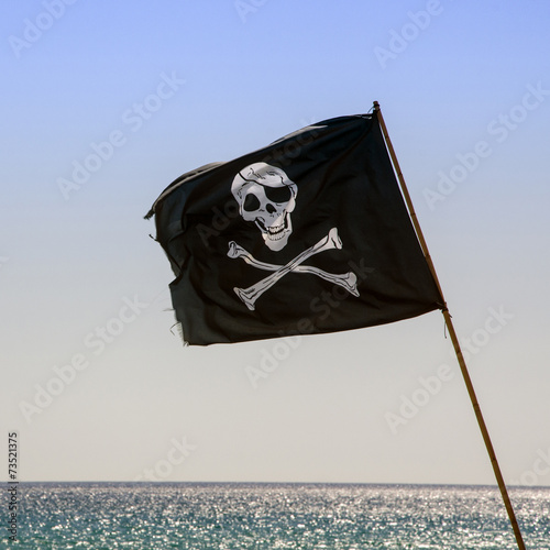 pirate flag waving with blue sea background