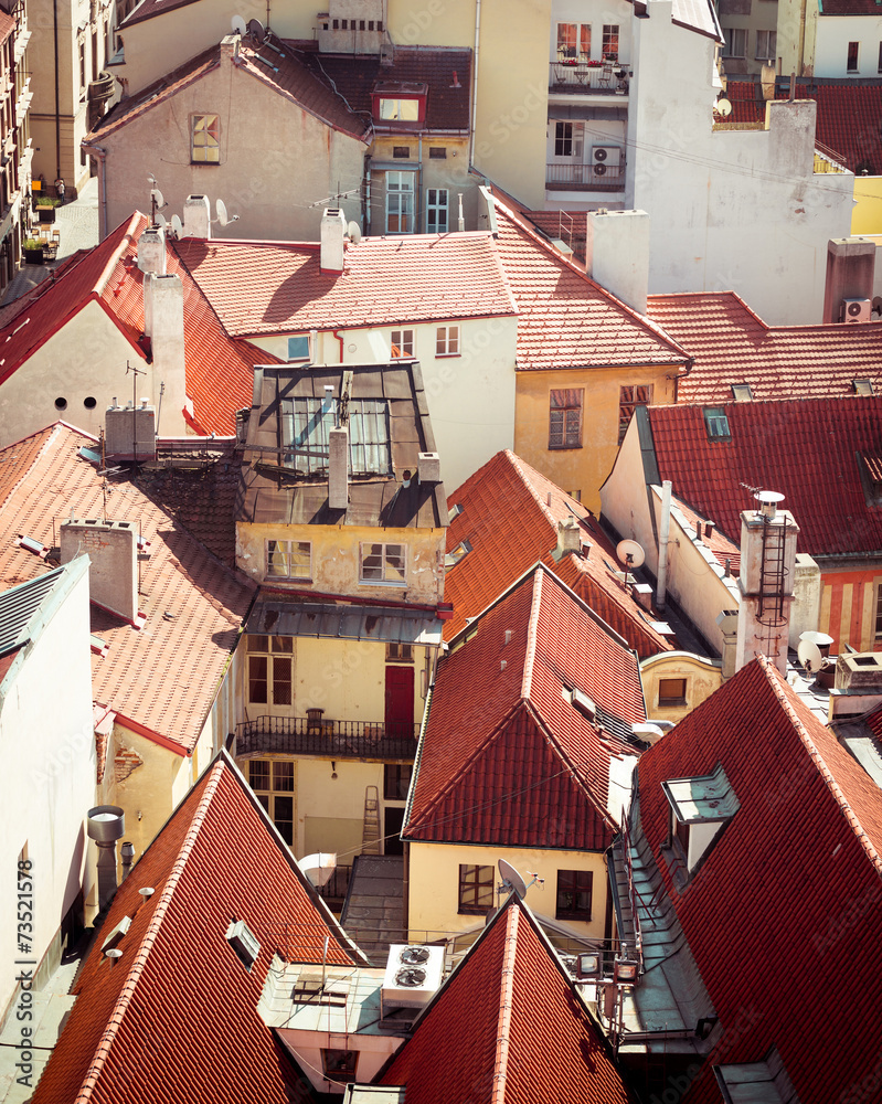 Houses with traditional red roofs in Prague