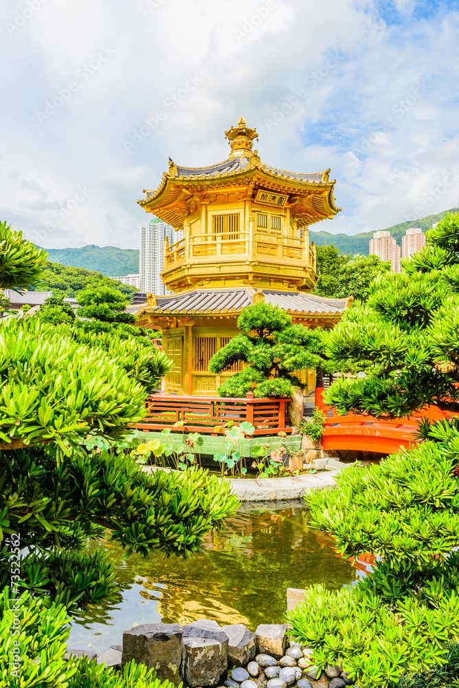 Gold Chinese pavilion at the park of Hong Kong Gold Chinese pavilion at the park of Hong Kong