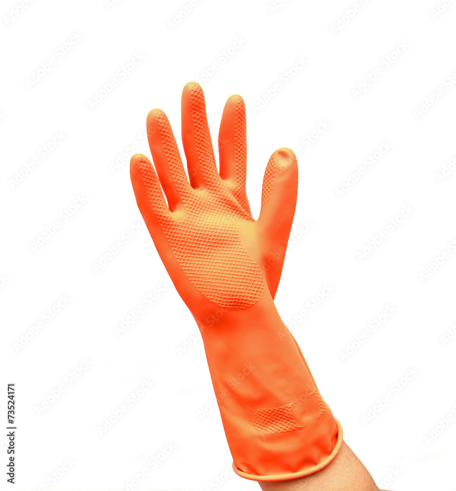 Fototapeta premium Hand wear plastic glove isolated on white background