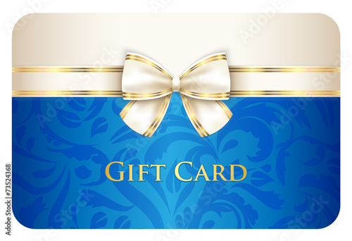 Blue gift card with damask ornament and cream ribbon