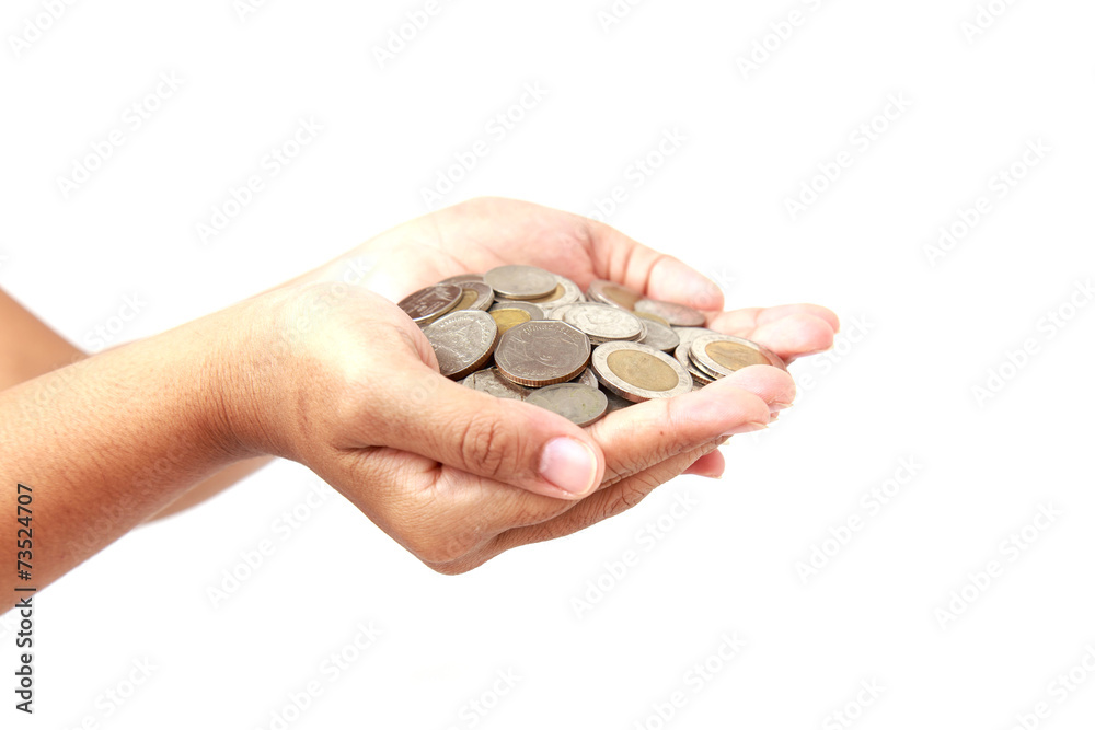 Woman hand holding coin isolates on white background Woman hand holding coin isolates on white background