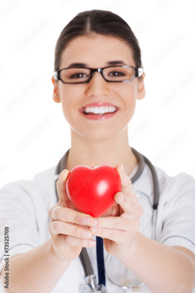 Female doctor with stethoscope holding heart model Female doctor with stethoscope holding heart model