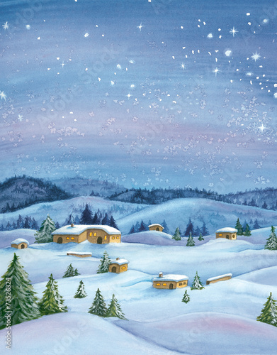 Snowy winter landscape. Watercolor illustration.