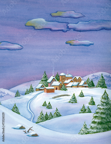 Winter Watercolor landscape with houses among the mountains. photo